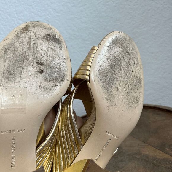 Marion Parke Soft Gold Leather Izzy Criss-Cross Block Heel Sandals Women's 37 US - Picture 11 of 13